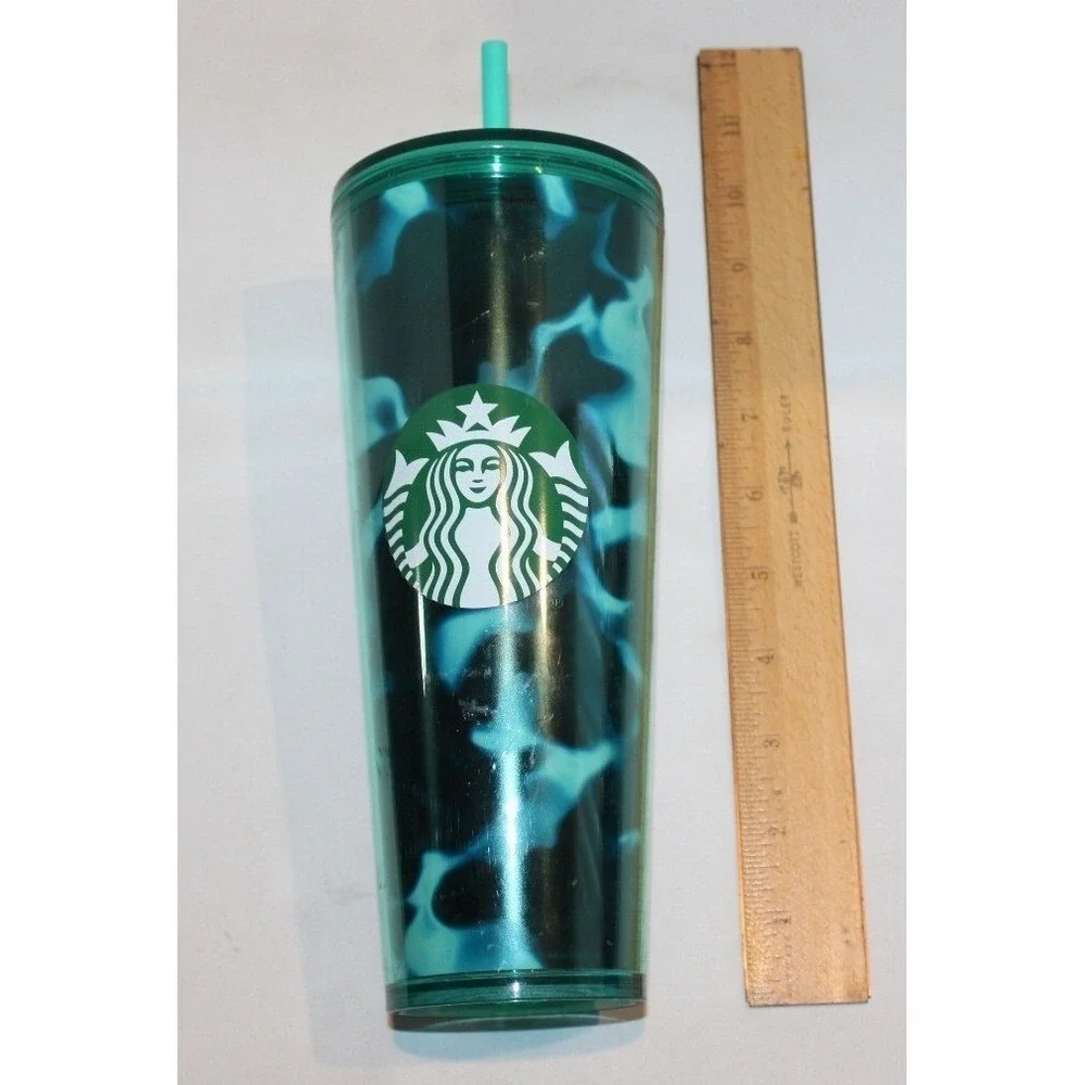 Starbucks 24 fl oz blue green Venti cold tumbler travel cup with lid & straw